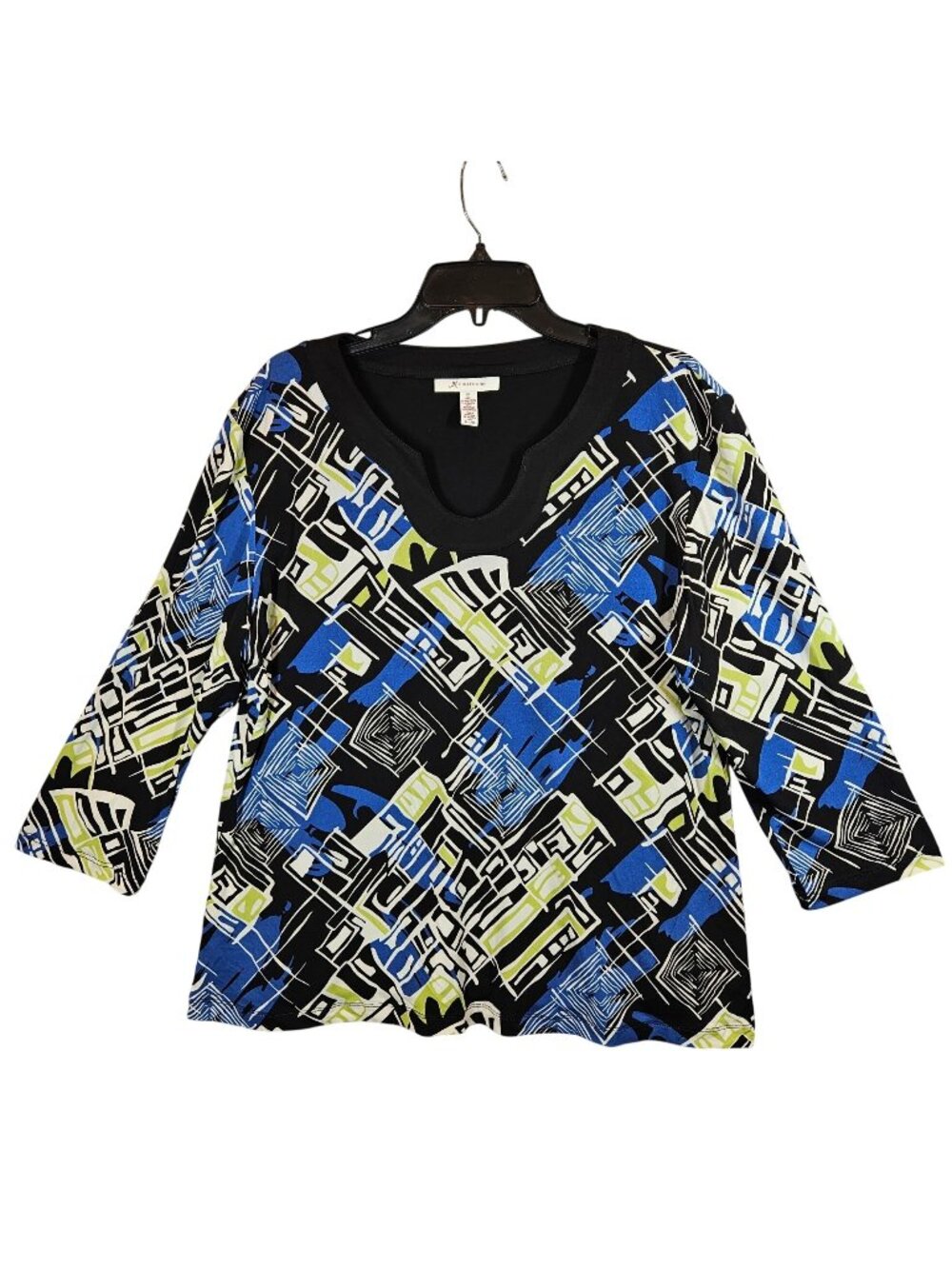 JM Collections Flowy Blouse Womens XL Black Blue Geometric Career Office date